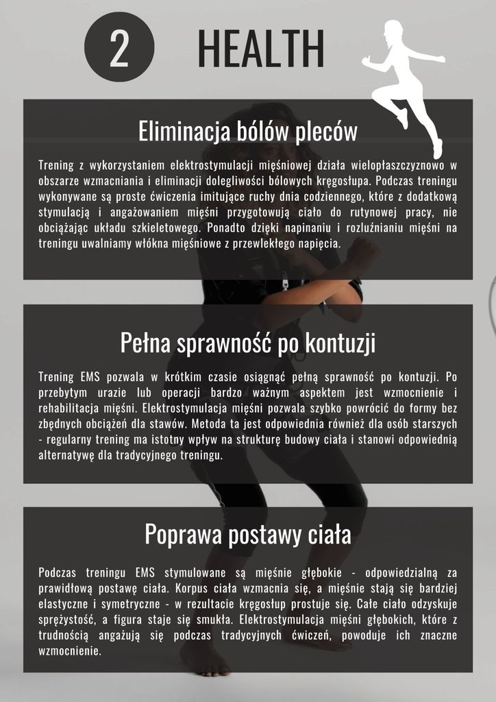 Plansza „2. Health” — eliminacja bólów pleców, pełna sprawność po kontuzji, poprawa postawy ciała