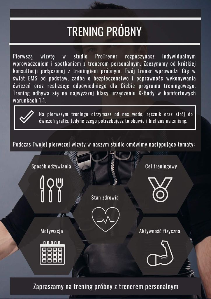 Plansza „Trening próbny” — konsultacja z trenerem personalnym i pierwszy trening na urządzeniu X-Body; woda, ręcznik i strój gratis
